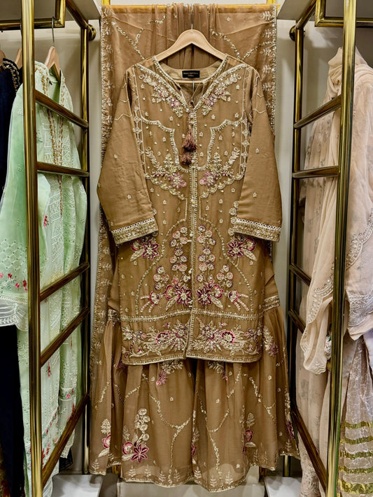 3Pcs Embroidered Chiffon Gharara