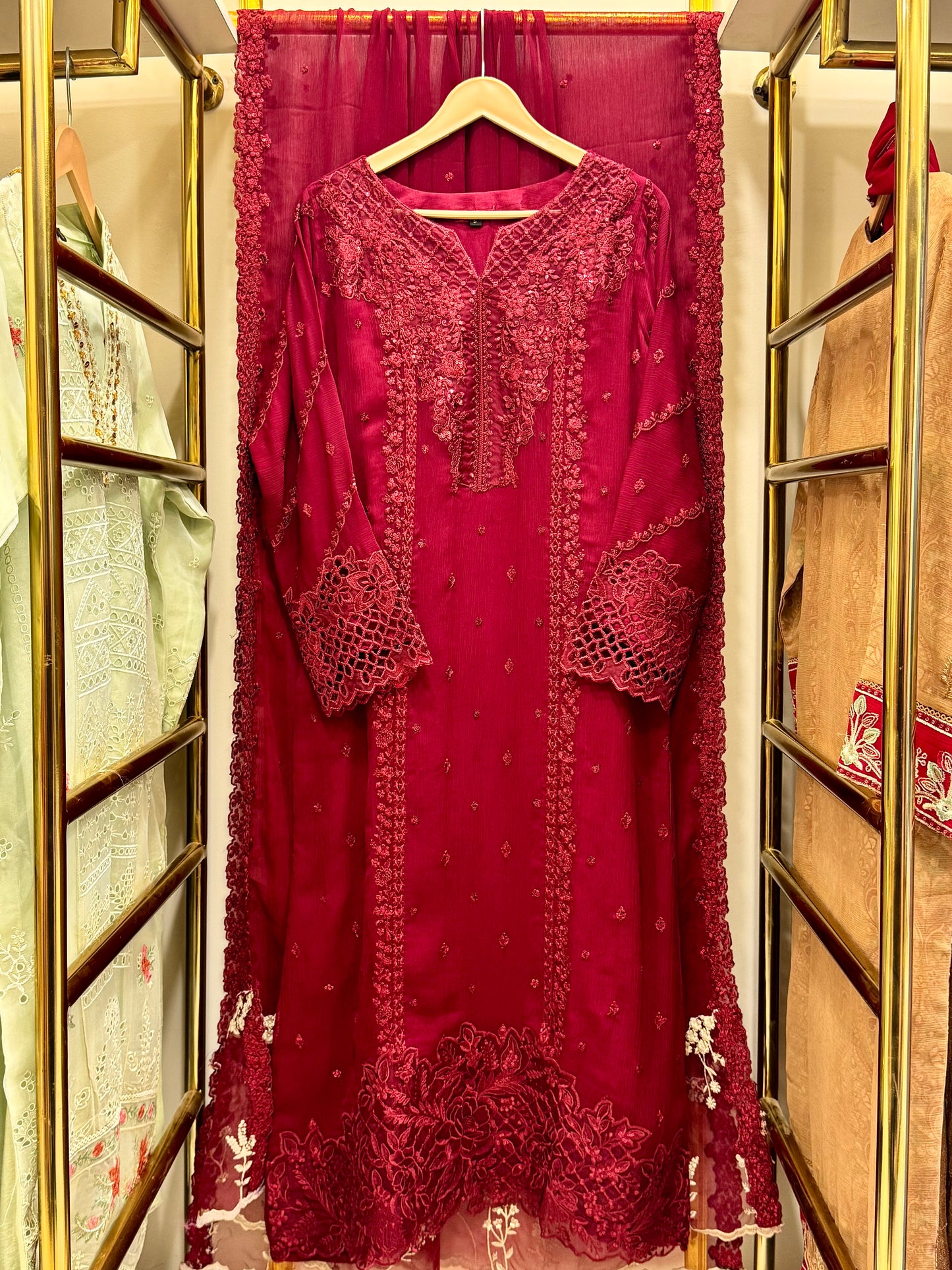 3PCS Embroidered Chiffon Suit