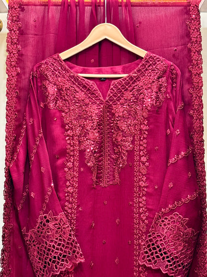 3PCS Embroidered Chiffon Suit