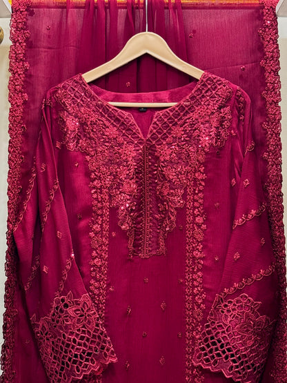 3PCS Embroidered Chiffon Suit