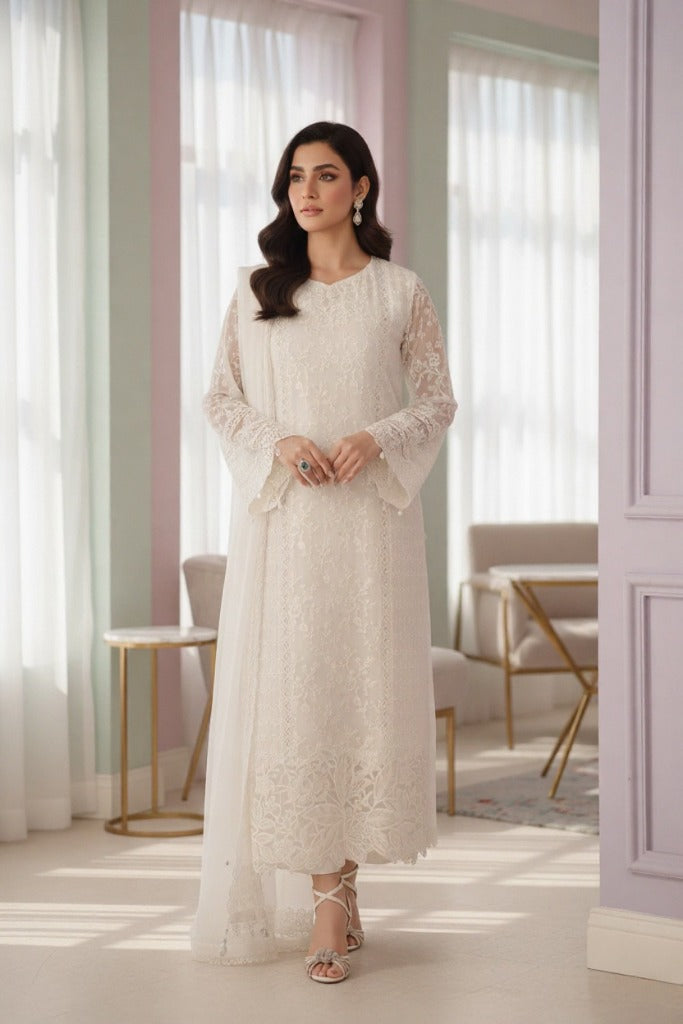 Front view of sequins embroidered chiffon shirt with organza neck patch and borders