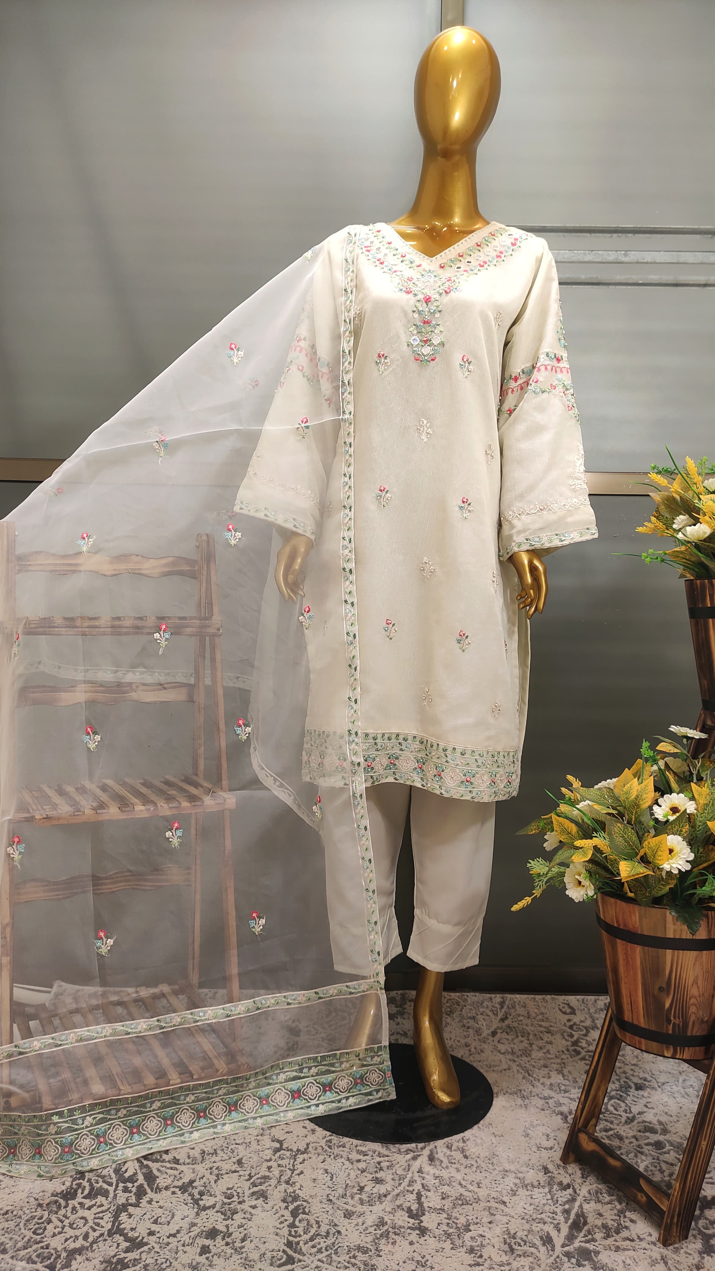 2Pcs Embroidered Cotton Net suit