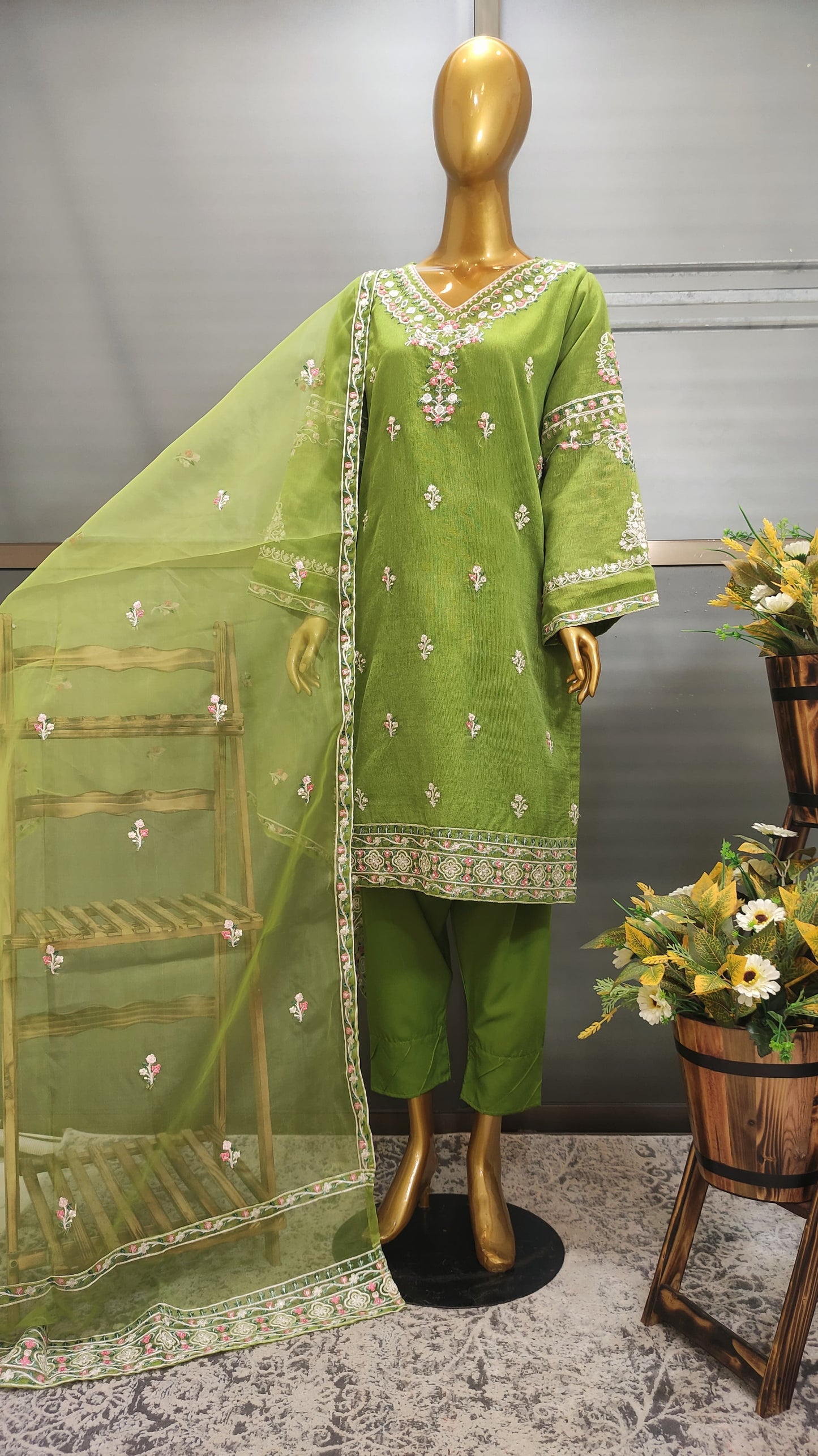 2Pcs Embroidered Cotton Net suit