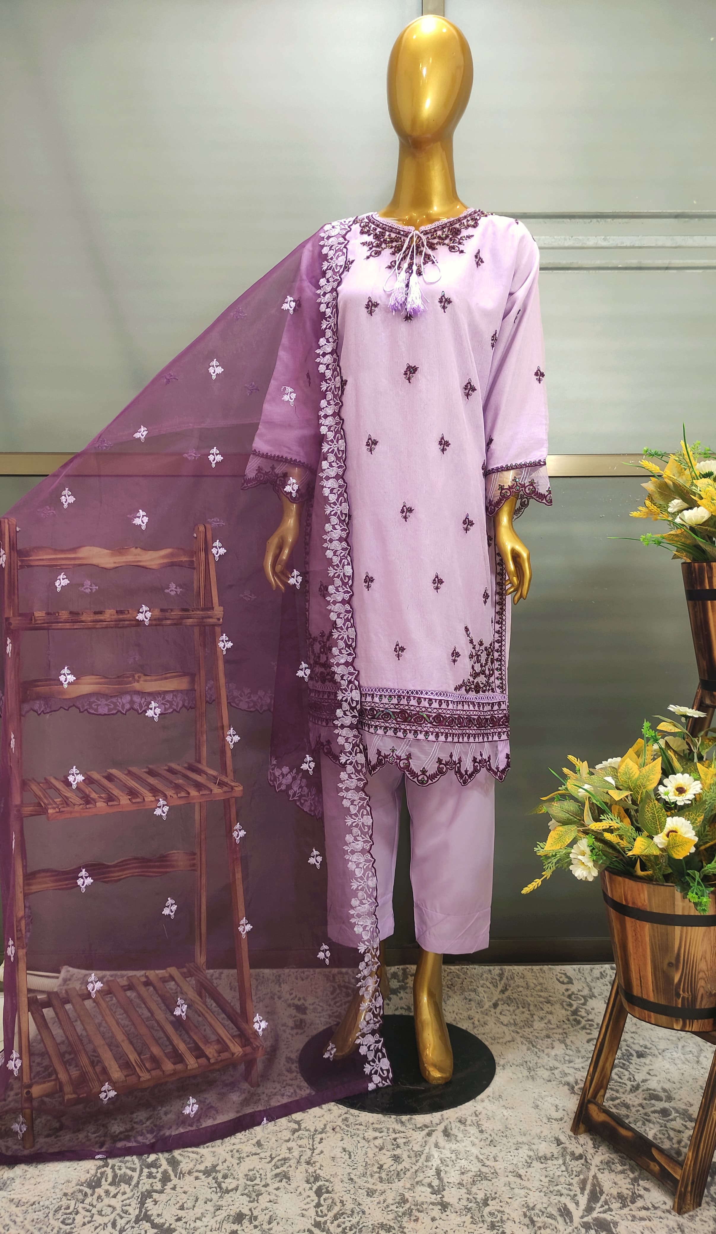 3Pcs Embroidered Cotton Net suit