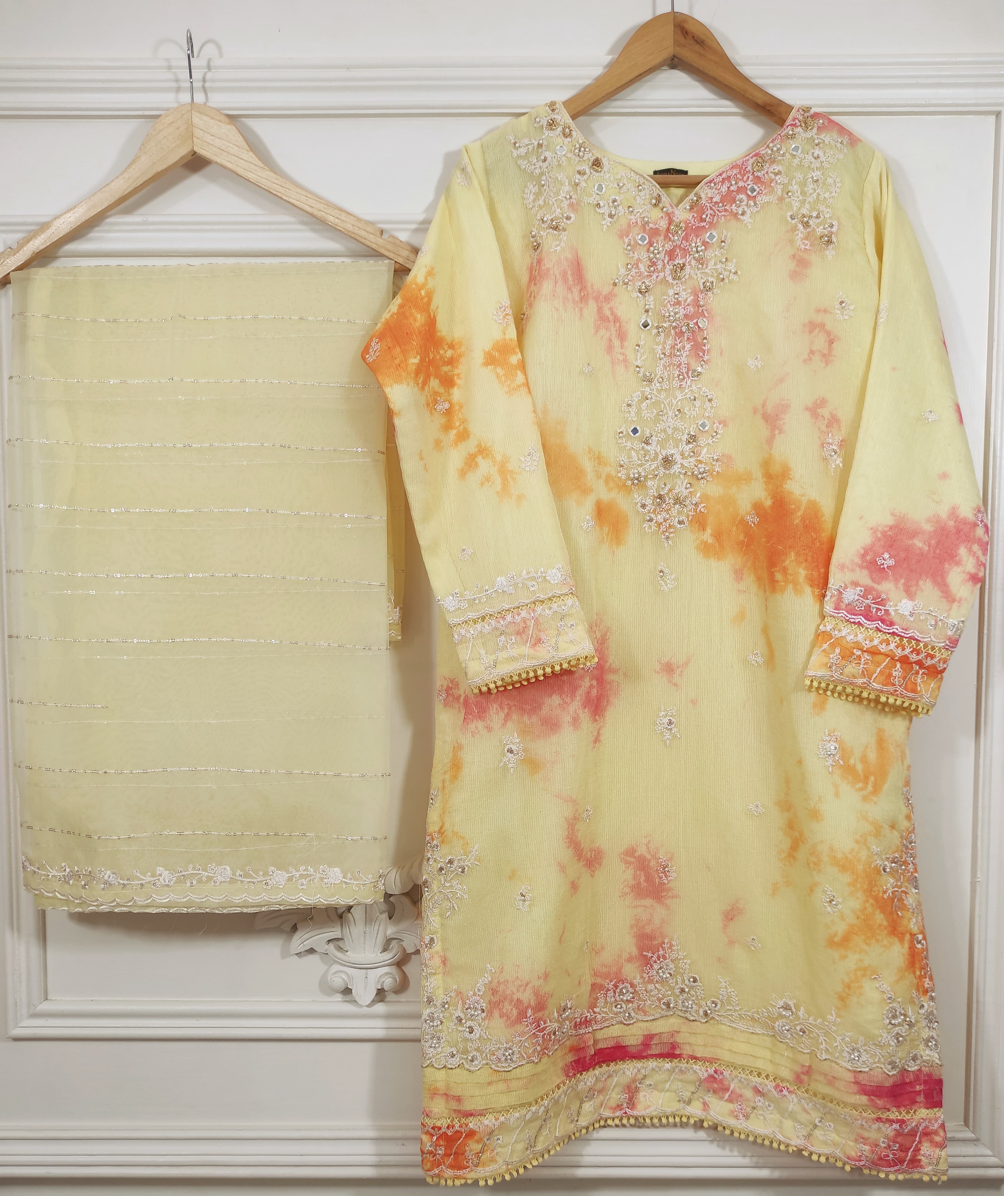 2Pcs Embroidered Cotton Net suit