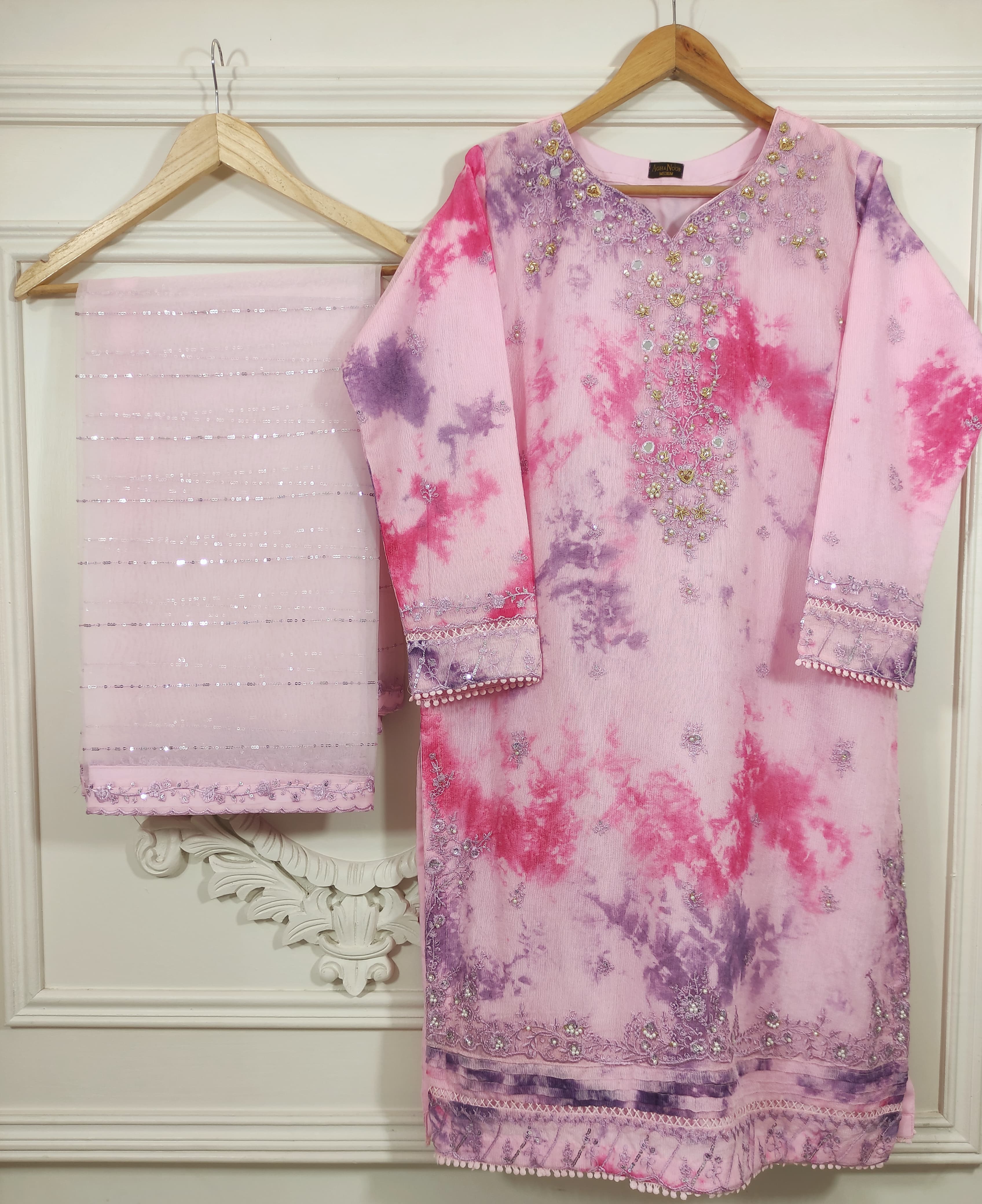 2Pcs Embroidered Cotton Net suit