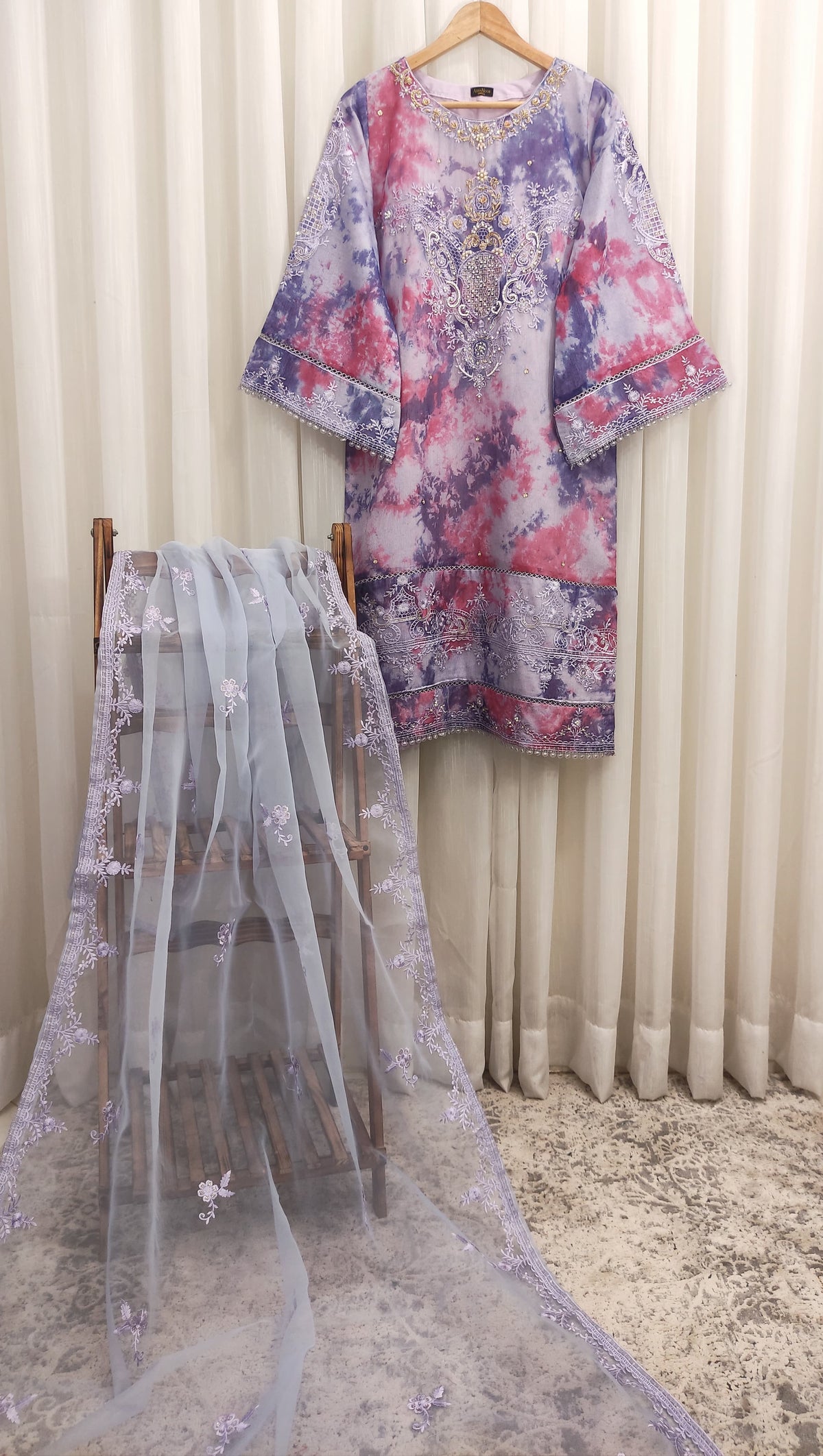 2Pcs Embroidered Cotton Net suit