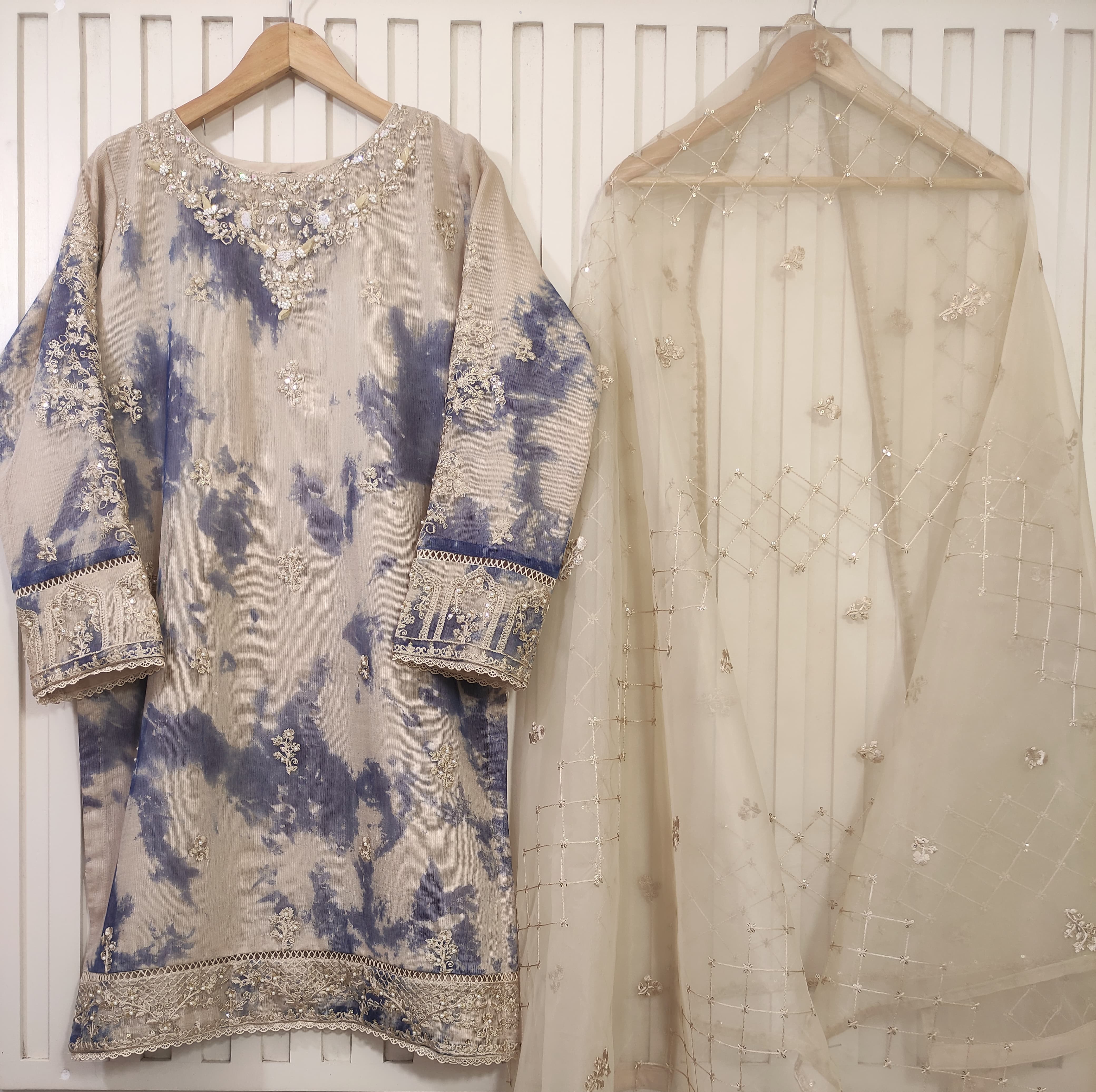 2Pcs Embroidered Cotton Net suit