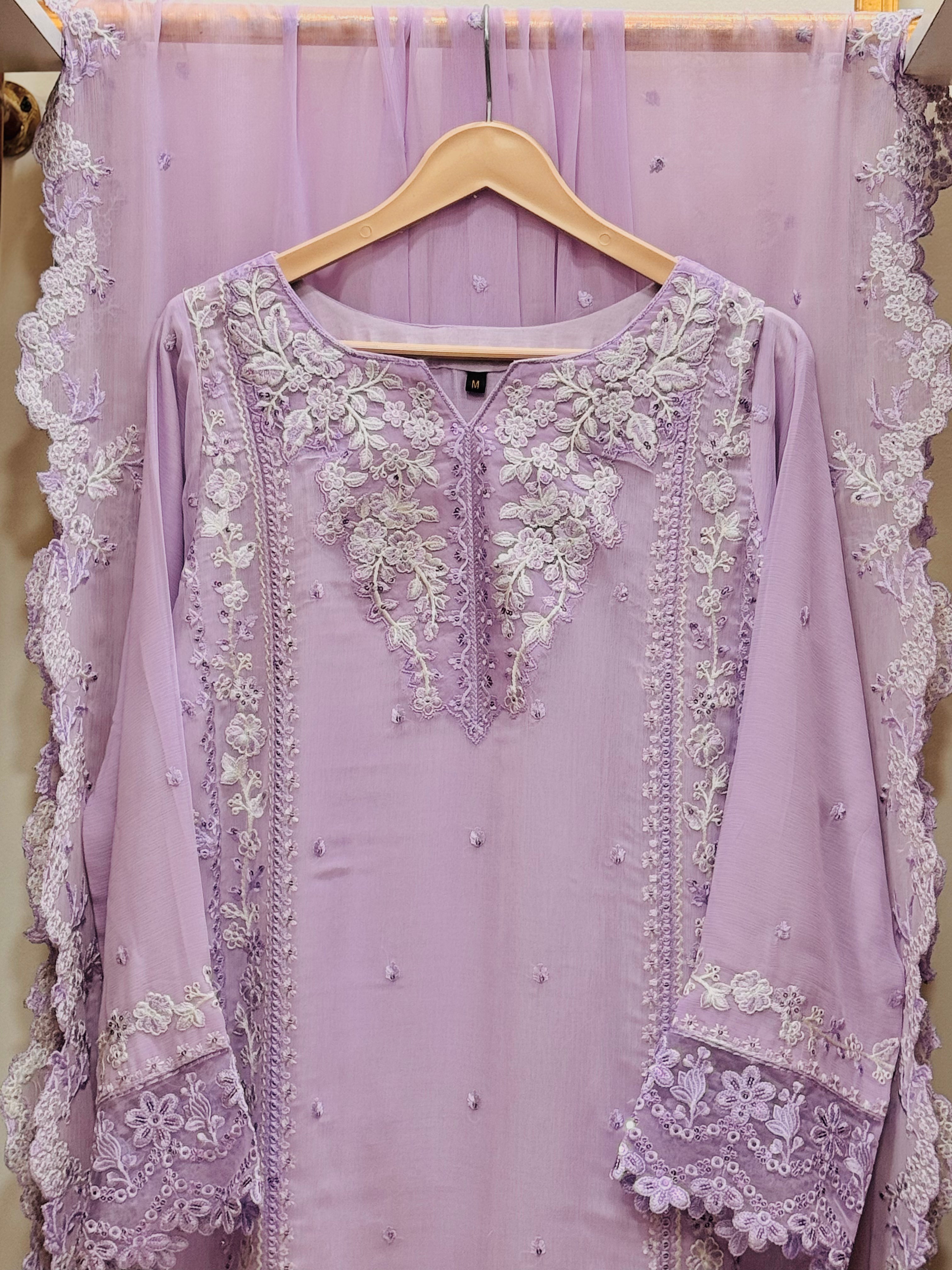3PCS Embroidered Chiffon Suit