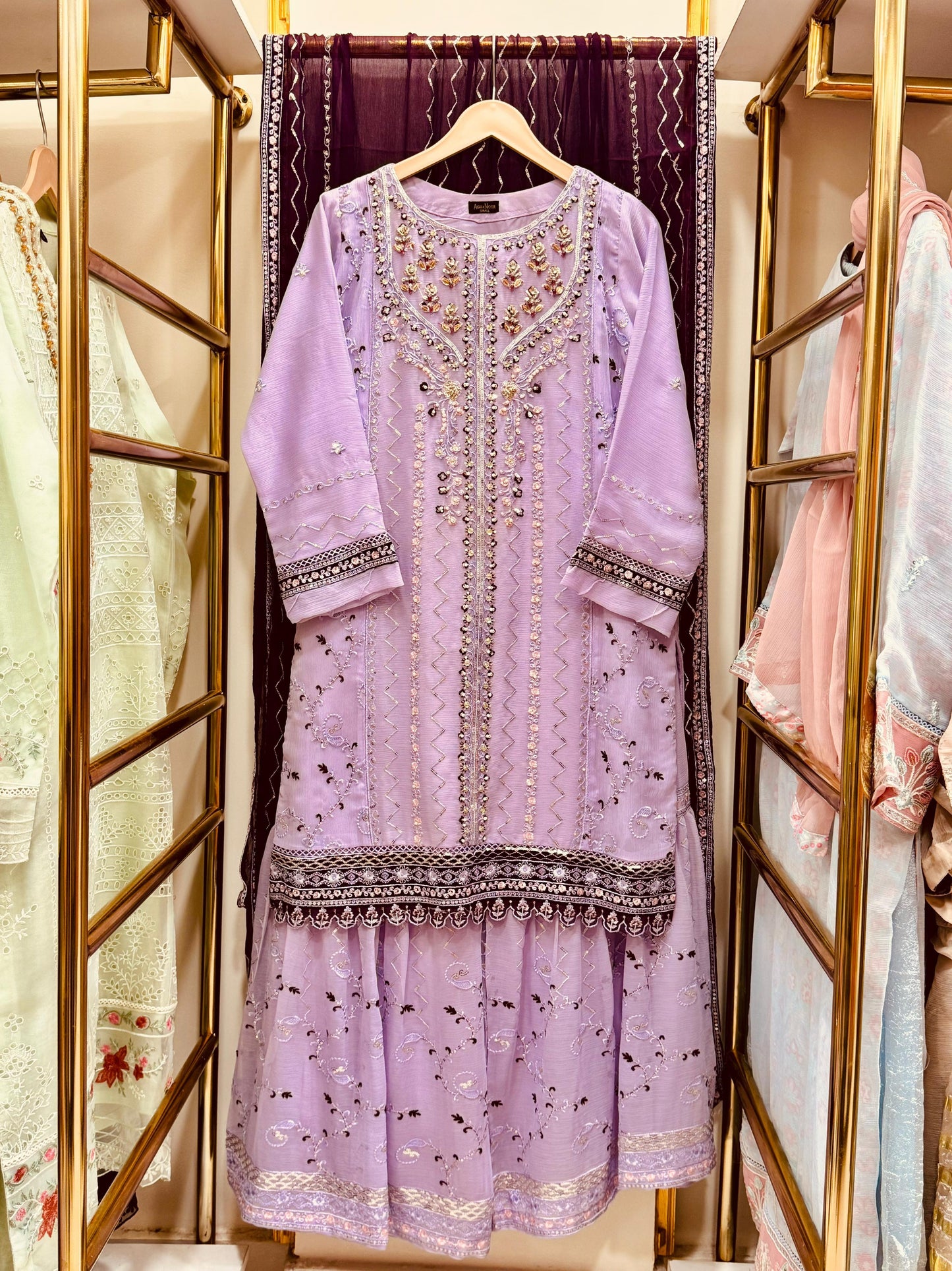 3pcs Embroidered Chiffon Gharara