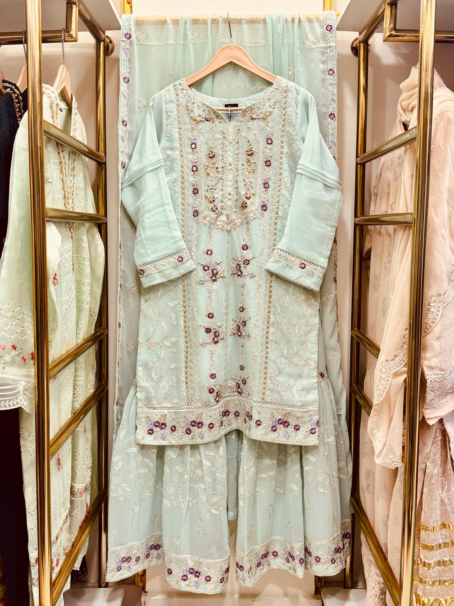 3pcs Embroidered Chiffon Gharara