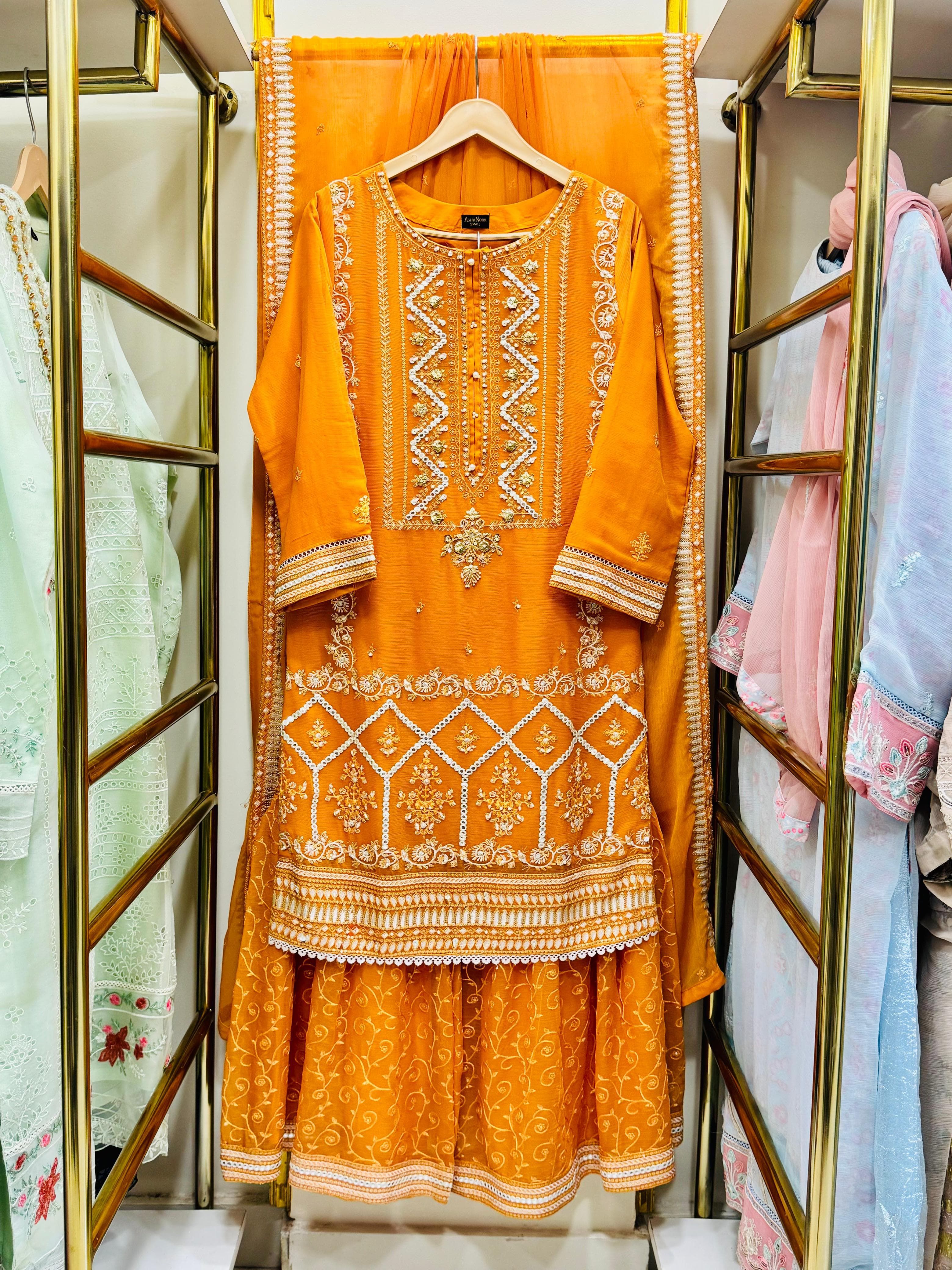 3Pcs Embroidered Chiffon Gharara