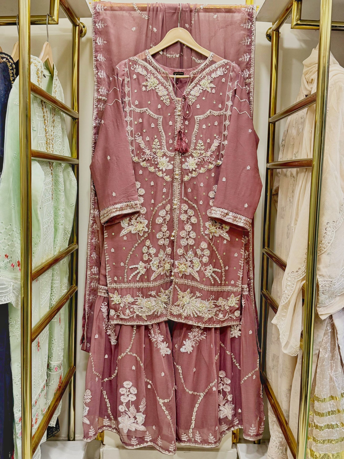 3Pcs Embroidered Chiffon Gharara