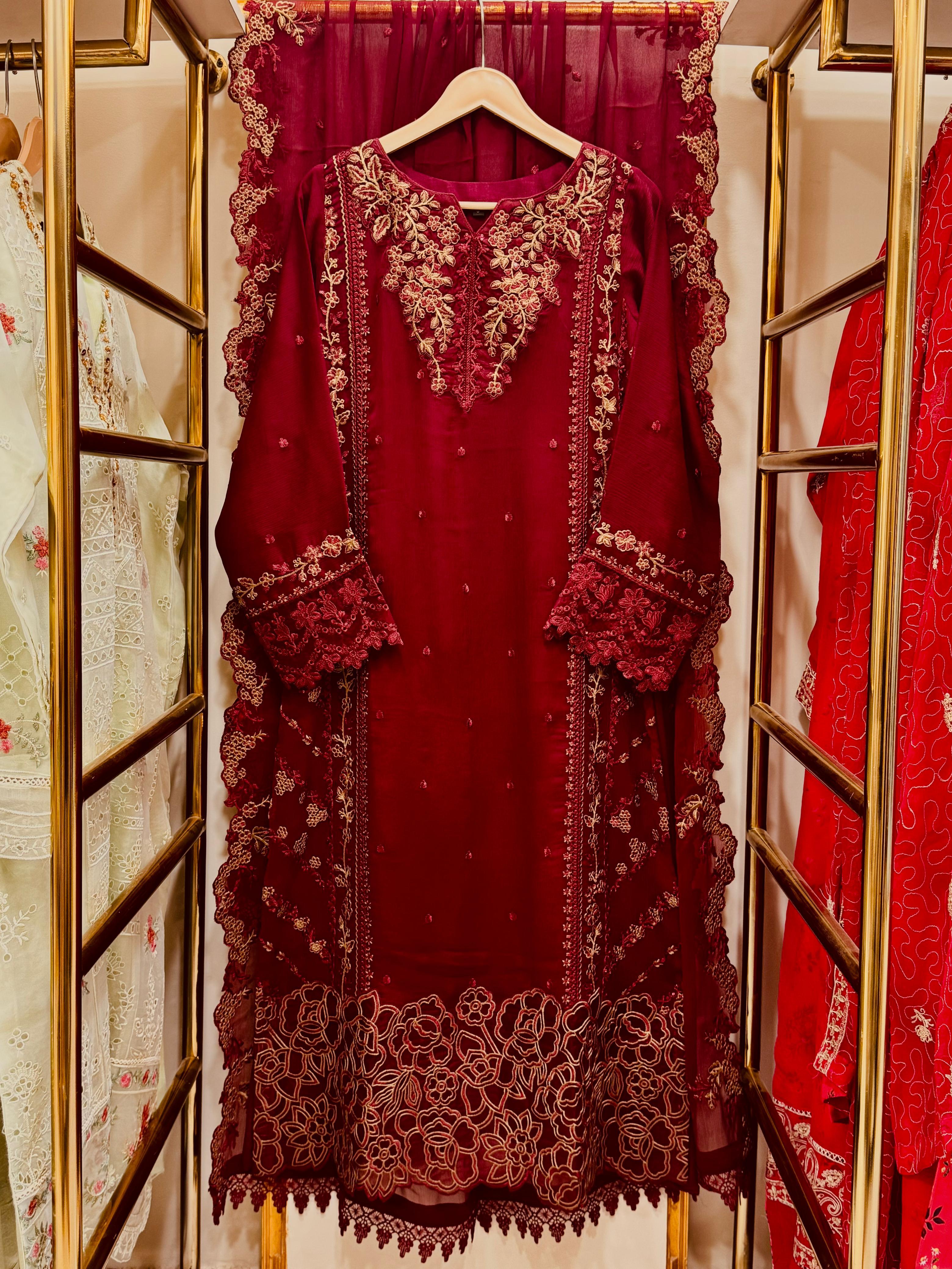 3PCS Embroidered Chiffon Suit