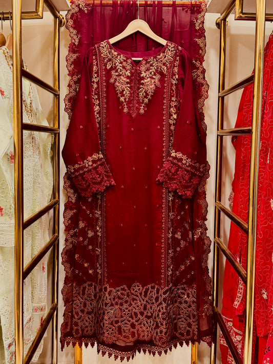 3PCS Embroidered Chiffon Suit