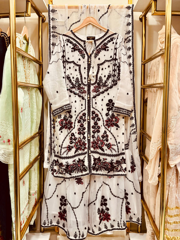 3Pcs Embroidered Chiffon Gharara