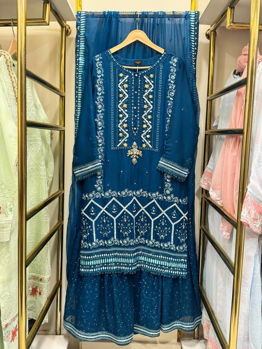 3Pcs Embroidered Chiffon Gharara