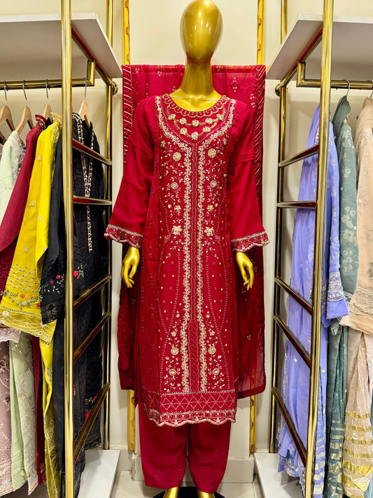 3pcs Embroidered Chiffon Suit