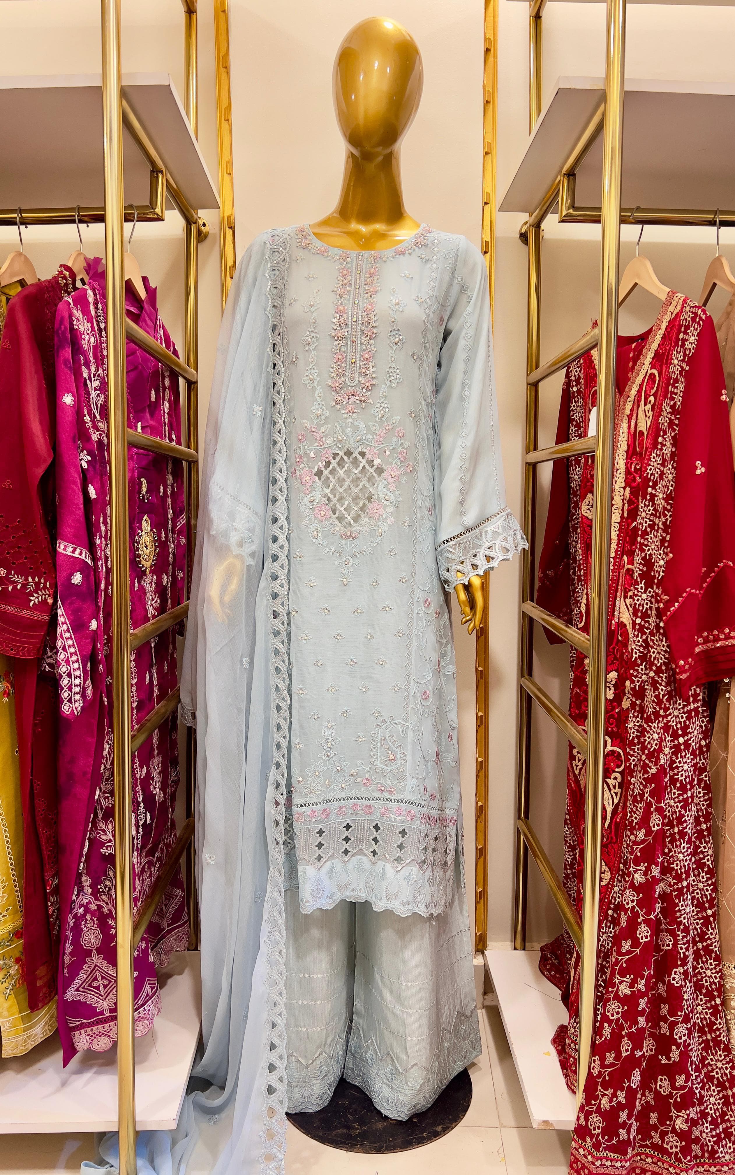 3Pcs Embroidered Chiffon Suit