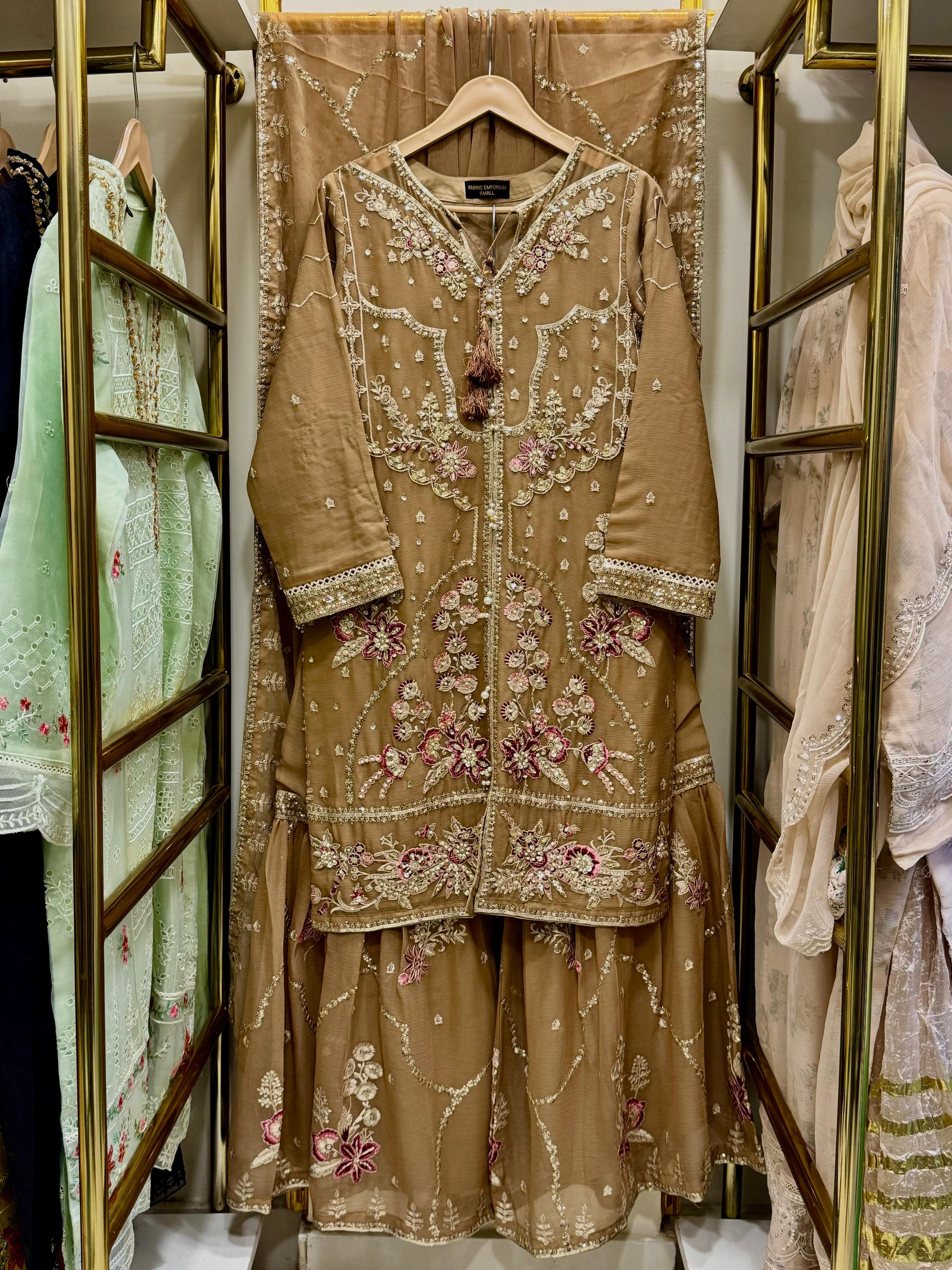 3Pcs Embroidered Chiffon Gharara