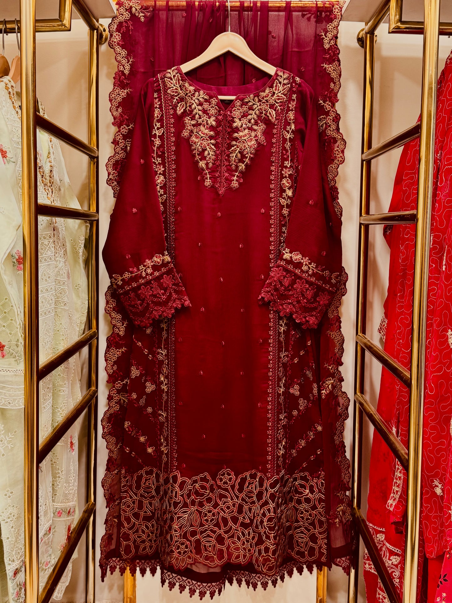 3PCS Embroidered Chiffon Suit